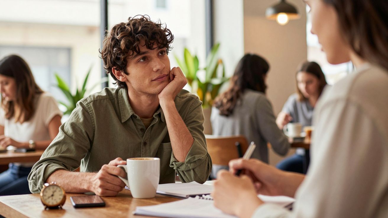 Homem jovem a conversar com mulher num café, segurando uma chávena de café, enquanto ela escreve num caderno.