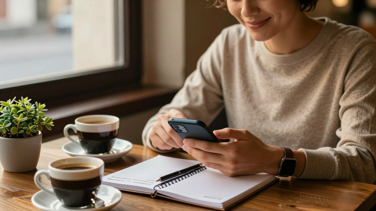 Mulher usando smartphone numa mesa de café, com caderno e duas chávenas de café.