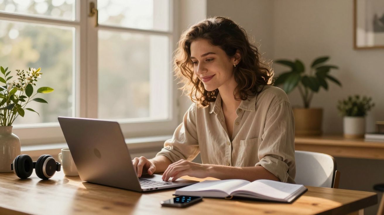 Mulher sorridente trabalha no portátil numa mesa de madeira, com caderno aberto e auscultadores ao lado.
