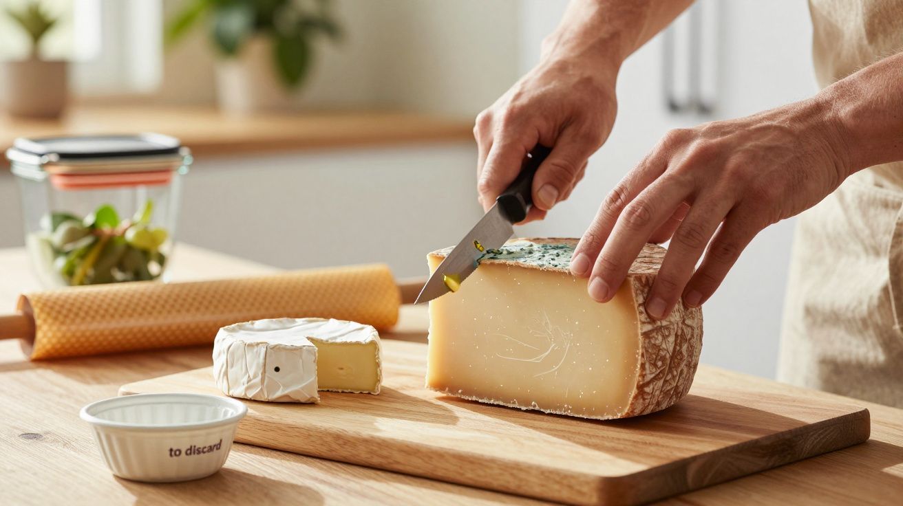 Pessoa a cortar queijo numa tábua, com utensílios de cozinha ao fundo.
