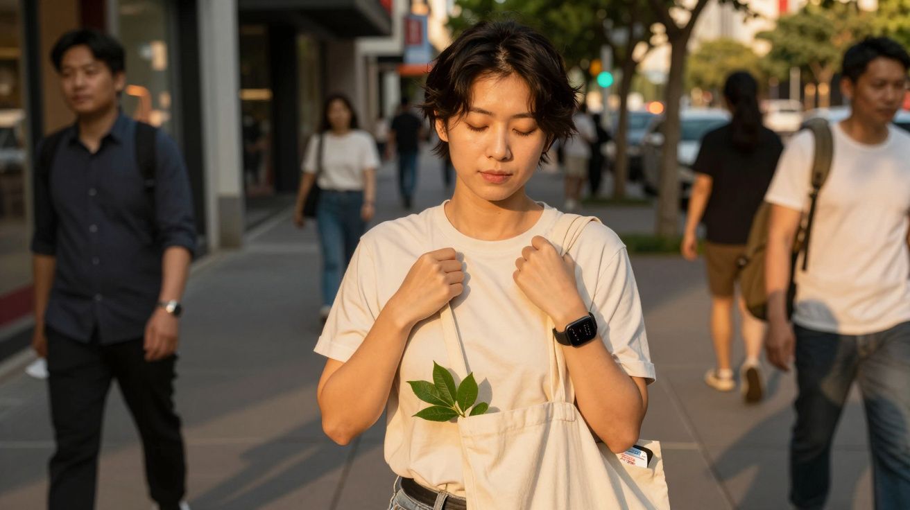 Pessoa de olhos fechados com saco de pano e folha verde, a caminhar numa rua movimentada.