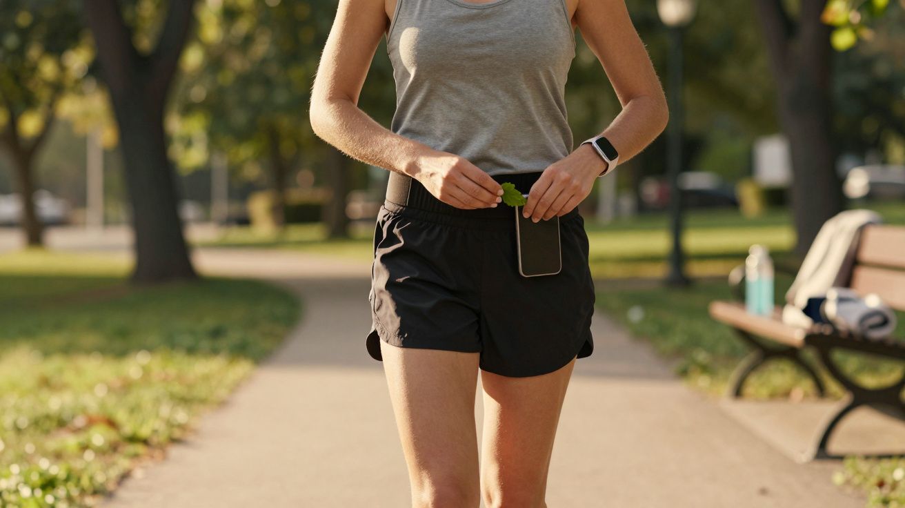 Mulher a correr no parque, com calções pretos e top cinza, segurando telefone na cintura.