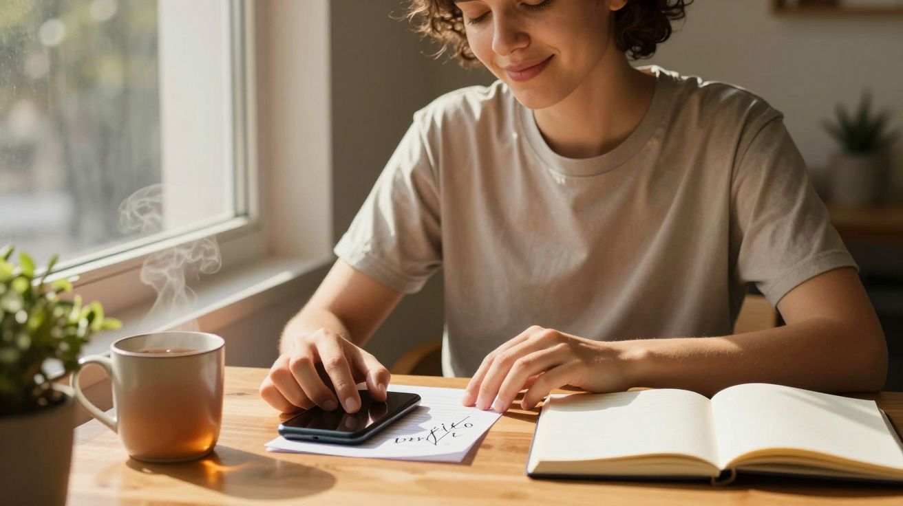 Mulher sorridente trabalha à mesa com chá, caderno, caneta e smartphone sob sol suave pela janela.