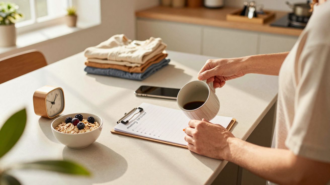 Pessoa segura uma chávena de café ao lado de um bloco de notas, prato de cereais, pilha de roupa, relógio e telemóvel numa me