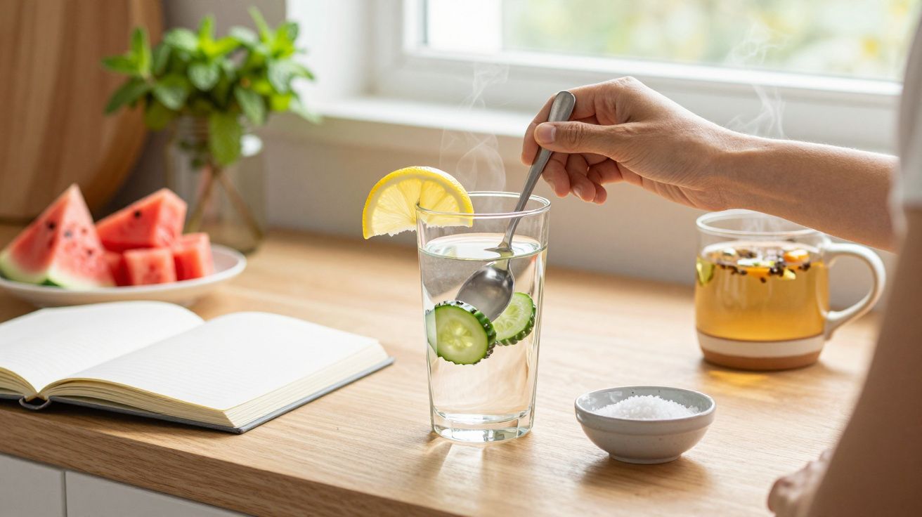 Mão mexe um copo de água com pepino e limão numa cozinha, ao lado de chá quente, caderno e fatias de melancia.