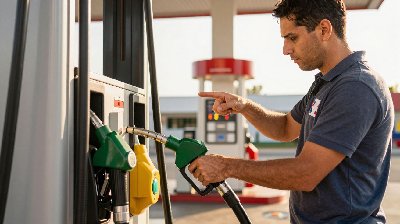 Homem em polo azul enchendo carro com combustível numa estação de serviço ao pôr do sol.