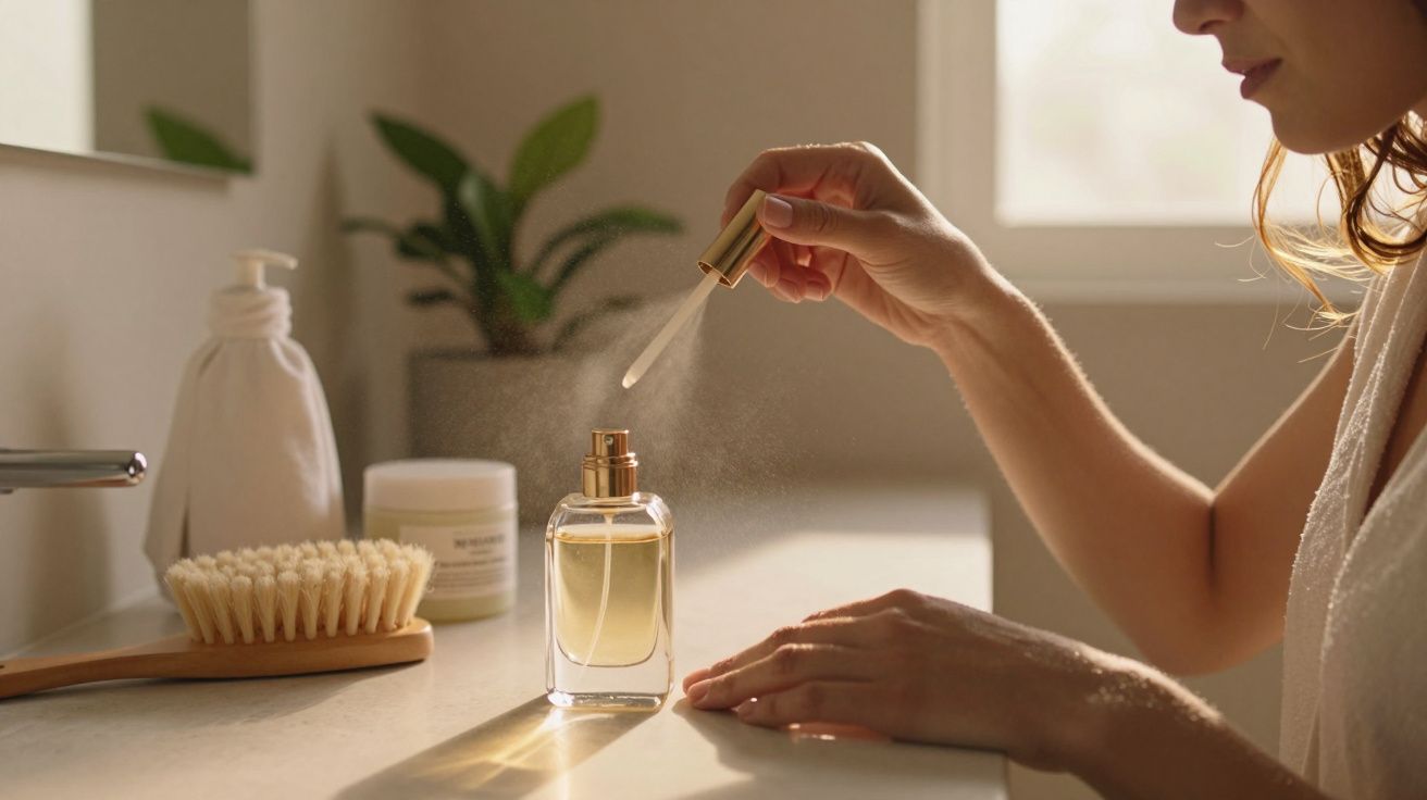 Pessoa aplicando perfume na mão em ambiente de casa de banho iluminada, com artigos de higiene ao fundo.