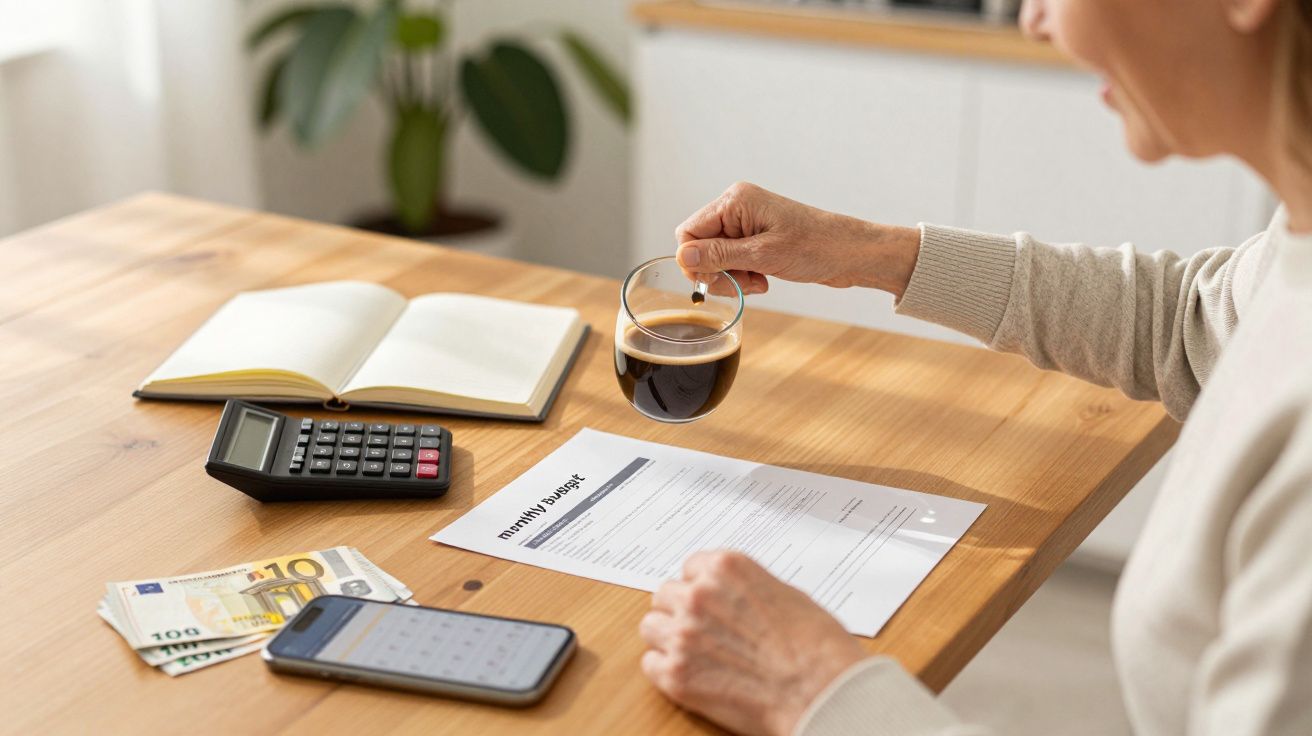 Pessoa segurando chávena de café, com documentos, dinheiro, calculadora e telemóvel sobre a mesa.