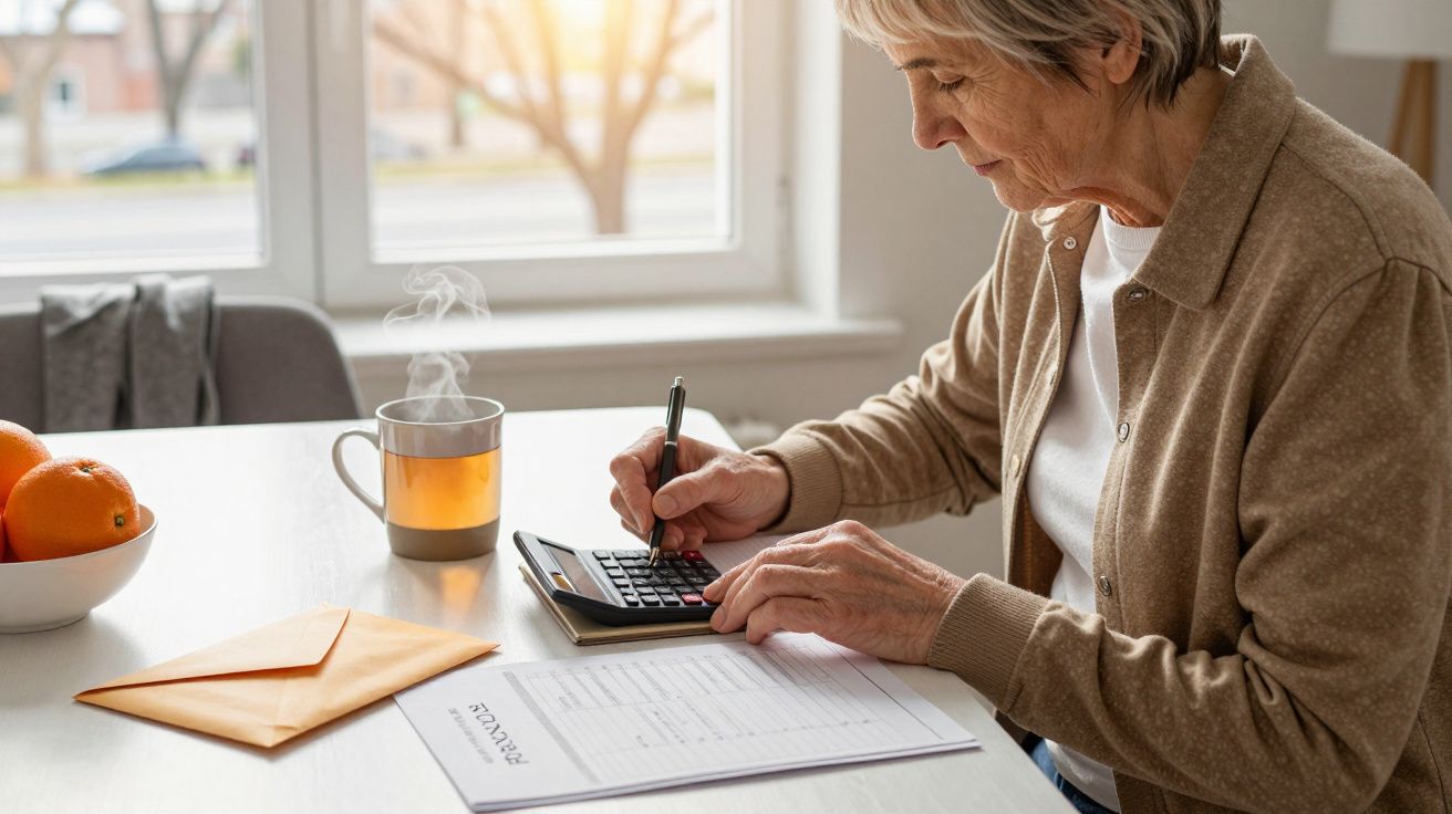 Idosa calcula despesas com um documento, calculadora, caneta e chá numa mesa, ao lado de uma janela.