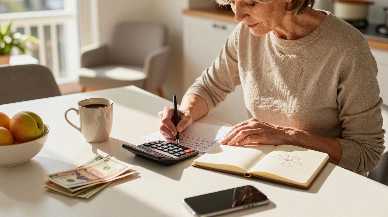 Mulher idosa usando calculadora, tomando notas em caderno, com chá, dinheiro e fruta na mesa.