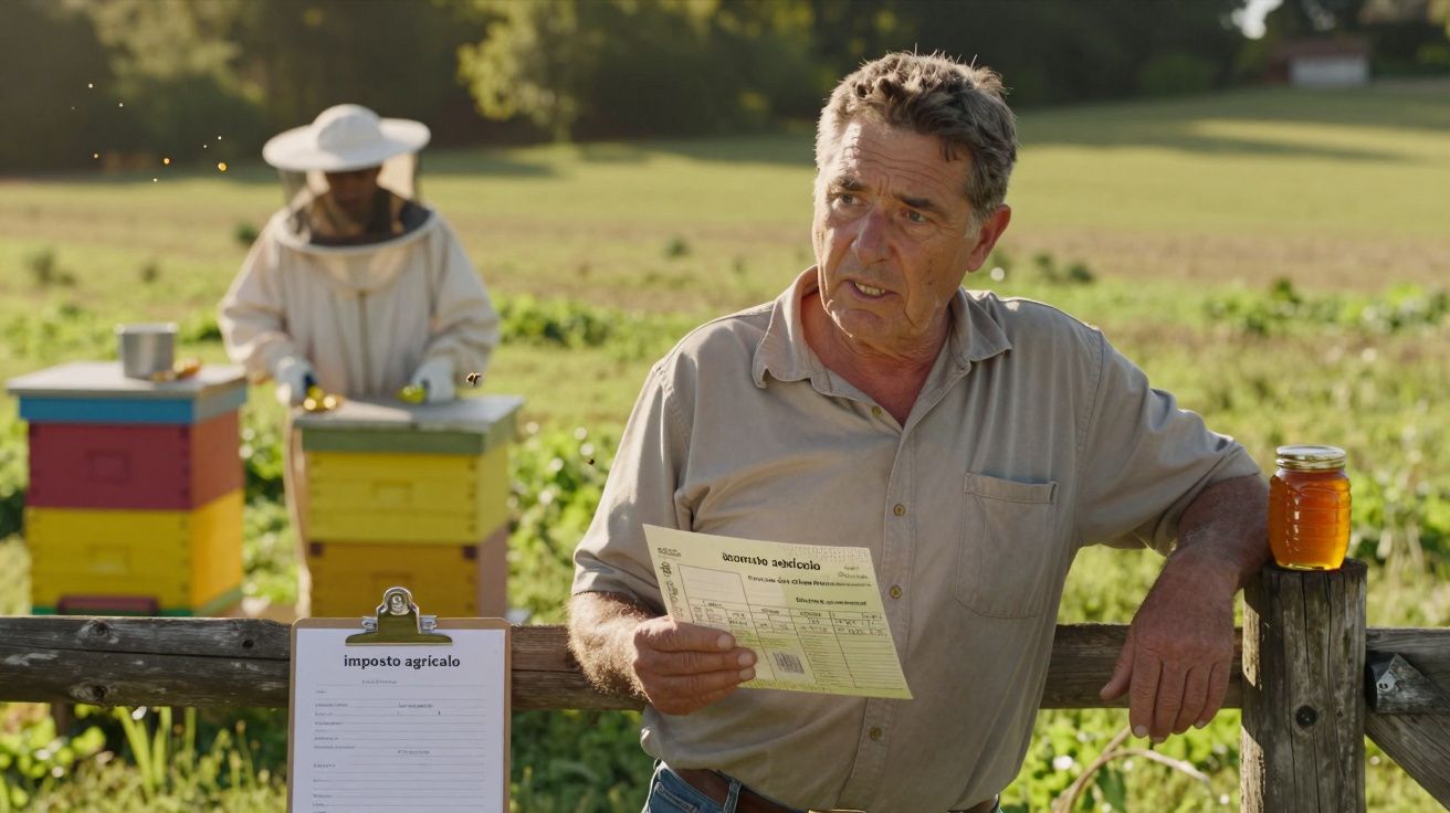 Homem segura documento junto a colmeia em campo. Apicultor ao fundo. Pote de mel e tabela de imposto agrícola na cerca.