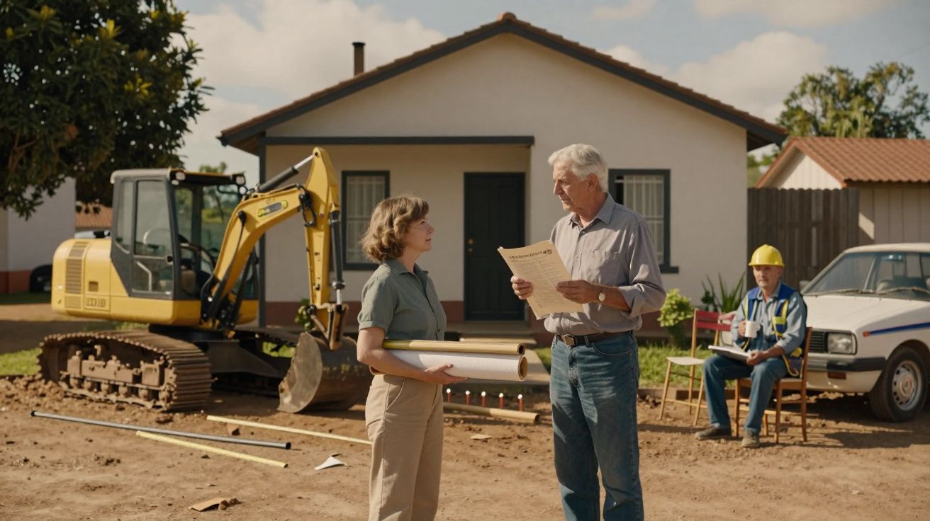 Mulher e homem discutem planos de construção em frente a uma casa, com uma retroescavadora e um trabalhador ao fundo.