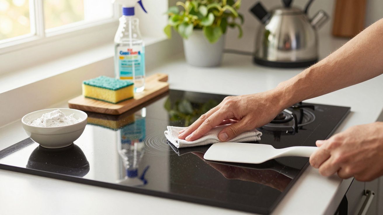 Pessoa limpa fogão de vidro com pano; à volta, esponja, produto de limpeza, planta e chaleira.