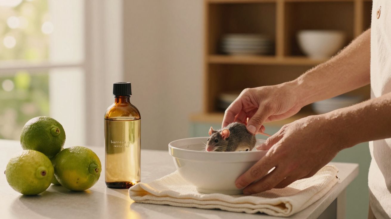 Pessoa acaricia um rato numa tigela, com limões e frasco castanho na mesa.