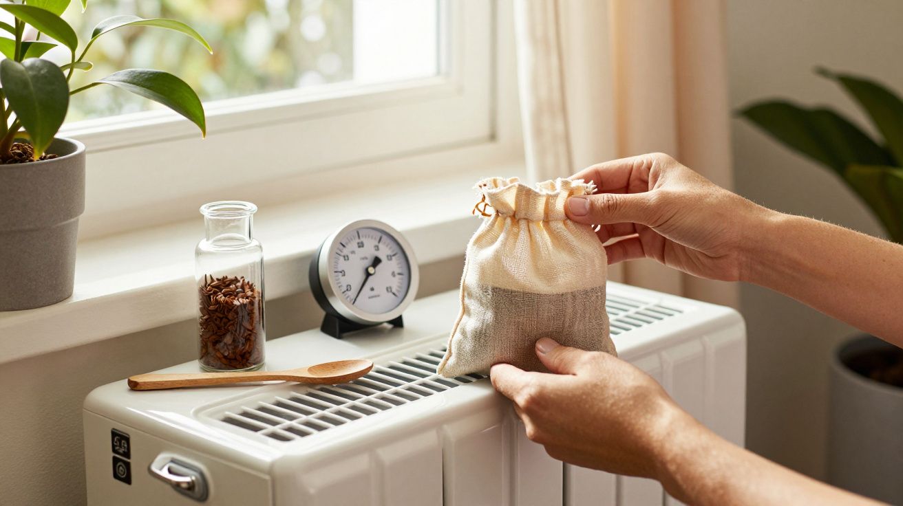 Mãos segurando um saco de tecido junto a um radiador com termómetro e plantas na janela ao fundo.