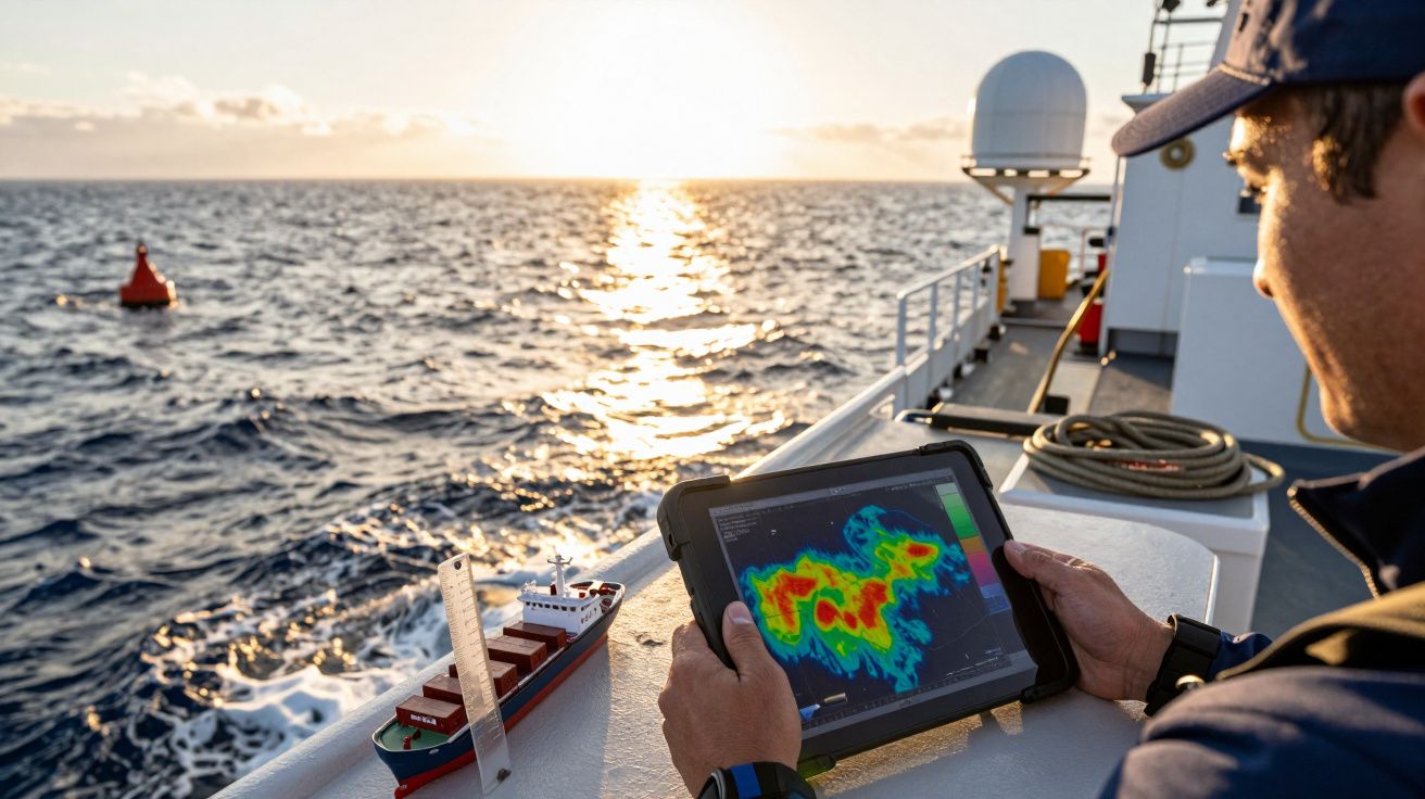 Pessoa em navio observa dados meteorológicos num tablet com o mar e pôr do sol ao fundo.