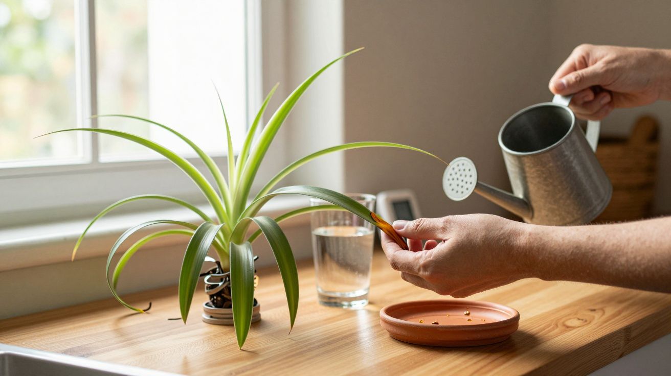 Pessoa a regar uma planta em vaso, num parapeito, com um regador metálico.