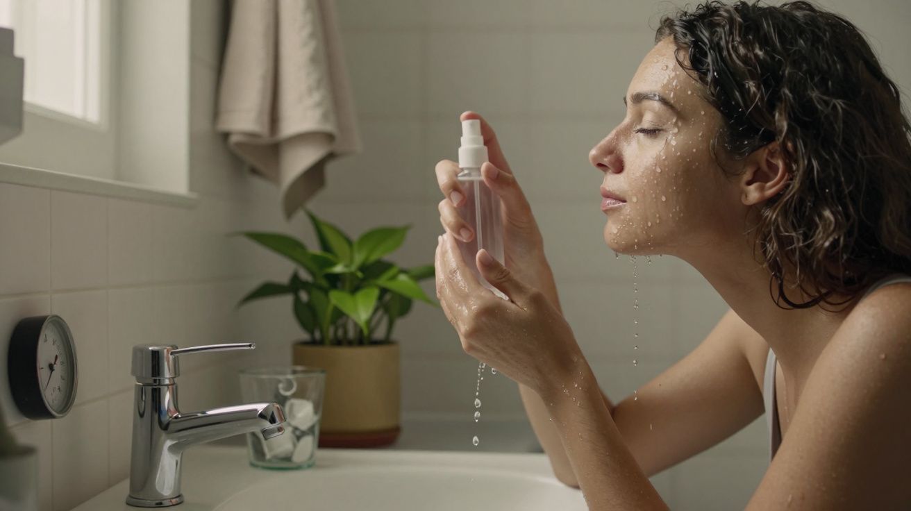 Mulher na casa de banho aplica spray facial com água a escorrer, junto a lavatório e planta.