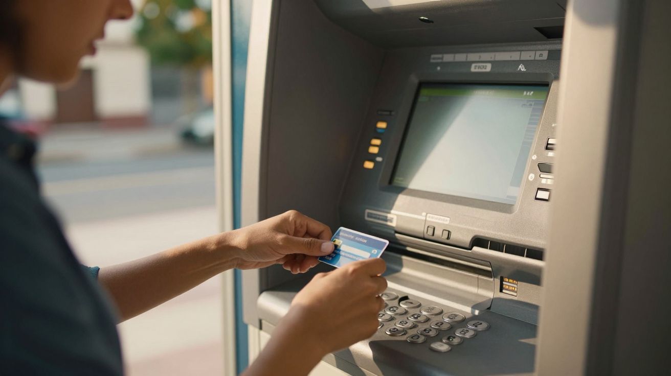Pessoa a inserir um cartão num multibanco ao ar livre, com visor e teclado visíveis.