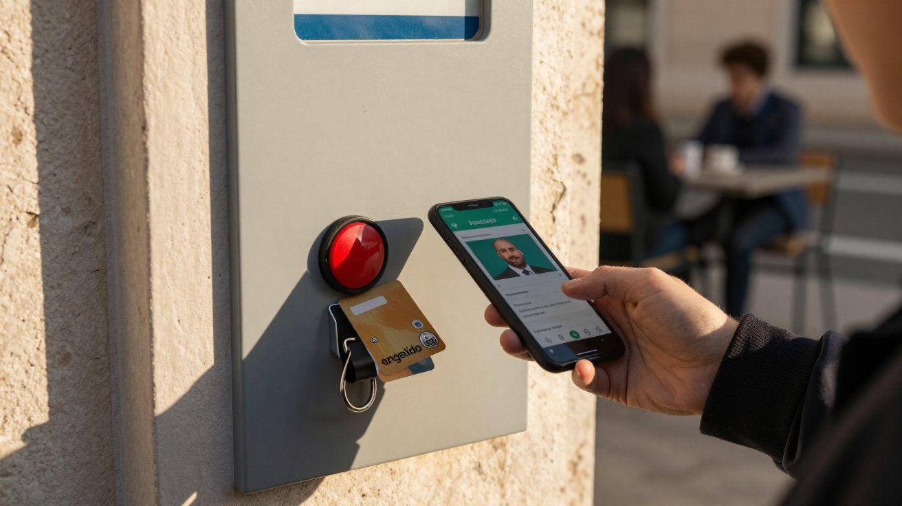 Pessoa usando um smartphone para verificar identidade num leitor de cartões, enquanto segura um cartão e chave.