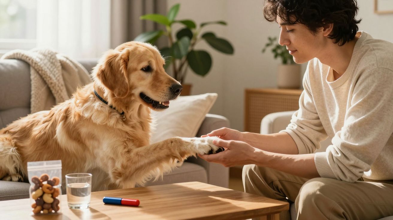 Pessoa acaricia a pata de um golden retriever sentado no sofá, com biscoitos e água na mesa à frente.