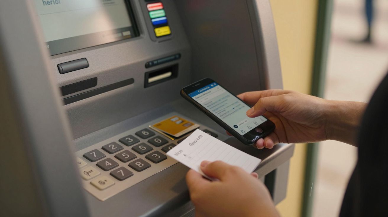 Pessoa usa telemóvel e ticket num multibanco.