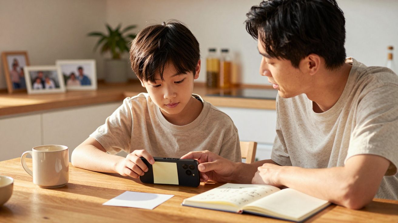 Pai e filho na cozinha, o filho segura um dispositivo portátil enquanto o pai escreve num caderno.