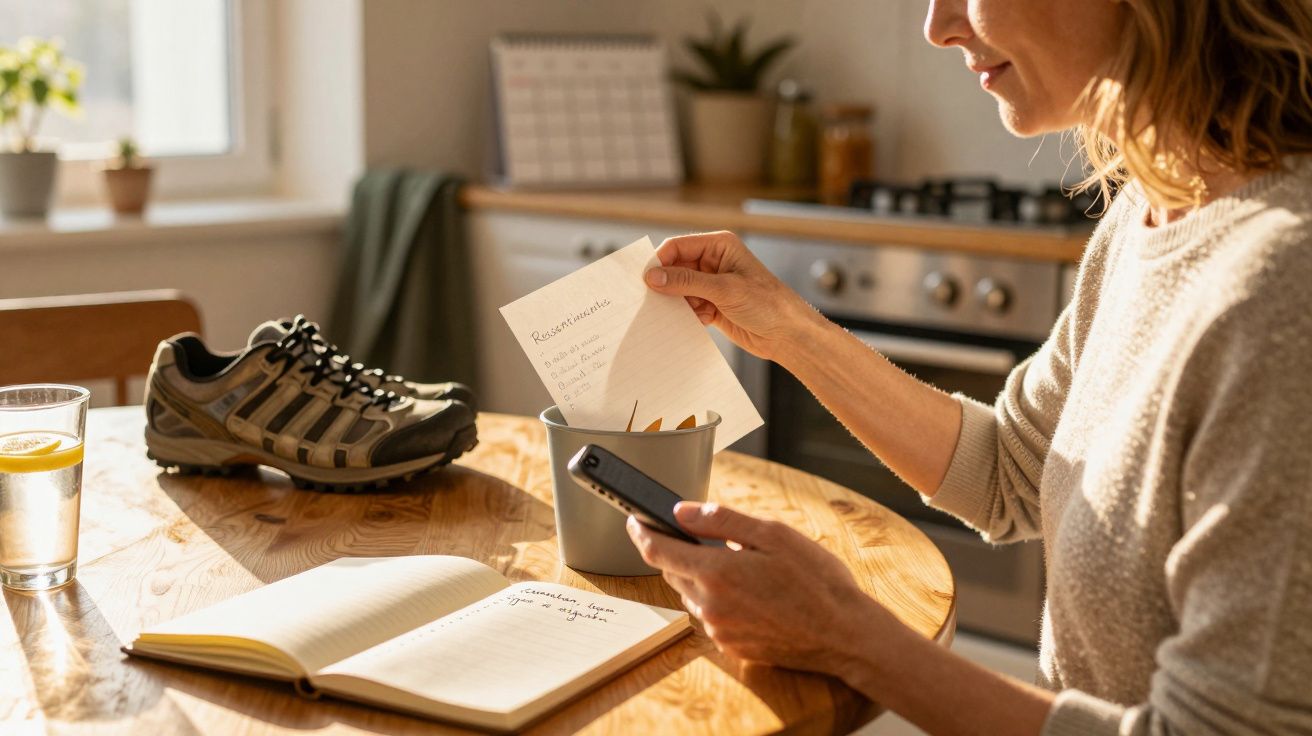 Mulher sentada à mesa, segurando telemóvel e papel, com sapato de caminhada e caderno ao lado.