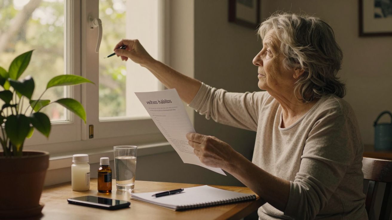 Mulher idosa sentada à mesa, segura um papel e uma caneta junto a medicamentos e copo de água, olhando pela janela.