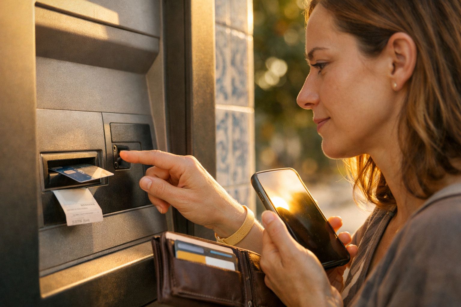 Pessoa a inserir um cartão num multibanco ao lado de um smartphone apoiado no terminal.