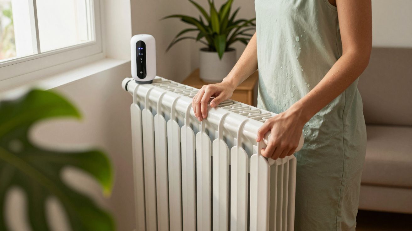Pessoa em pé junto a um radiador branco numa sala, com uma planta e sofá ao fundo.
