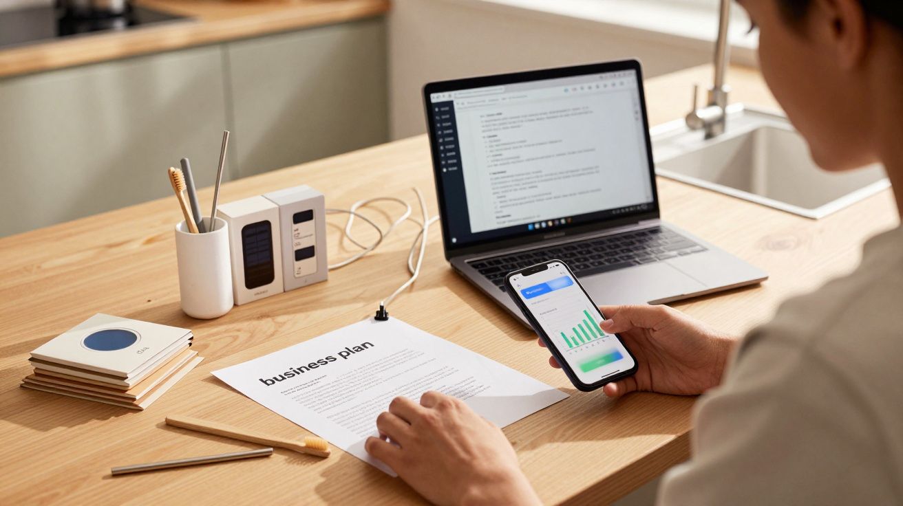 Pessoa a trabalhar numa secretária com computador, telemóvel e plano de negócios impresso.