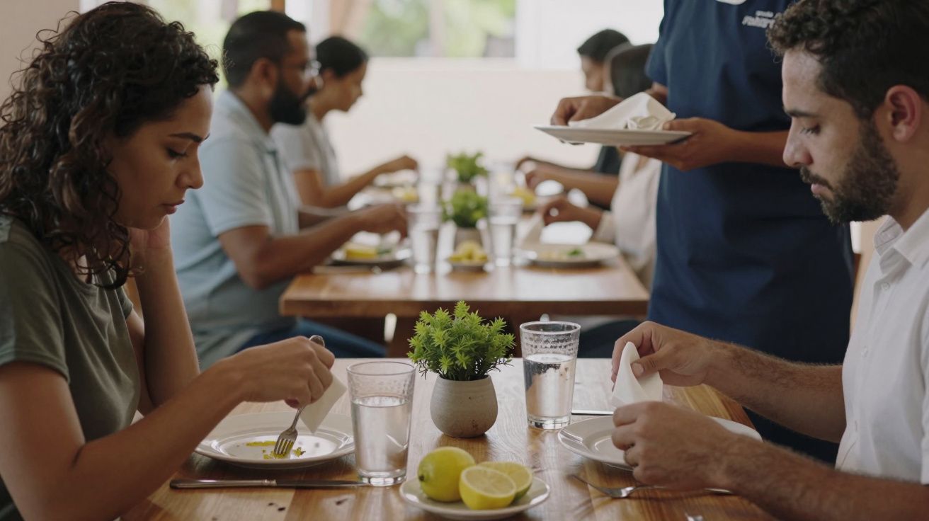 Casal a jantar num restaurante, com copos de água e decoração de plantas na mesa, ao fundo outras pessoas.