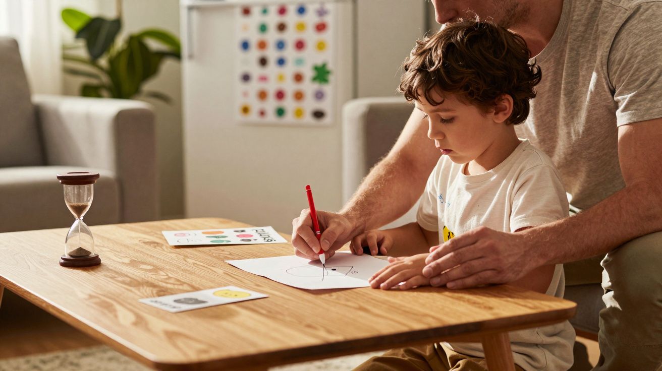 Pai e filho desenham juntos numa mesa de madeira. Relógio de areia e cartões coloridos ao lado. Ambiente acolhedor.