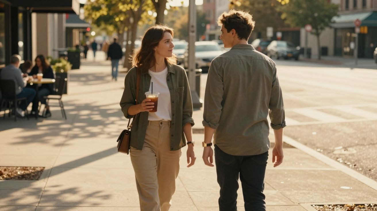 Casal a caminhar numa rua ensolarada, a conversar e a sorrir, segurando bebidas na mão.