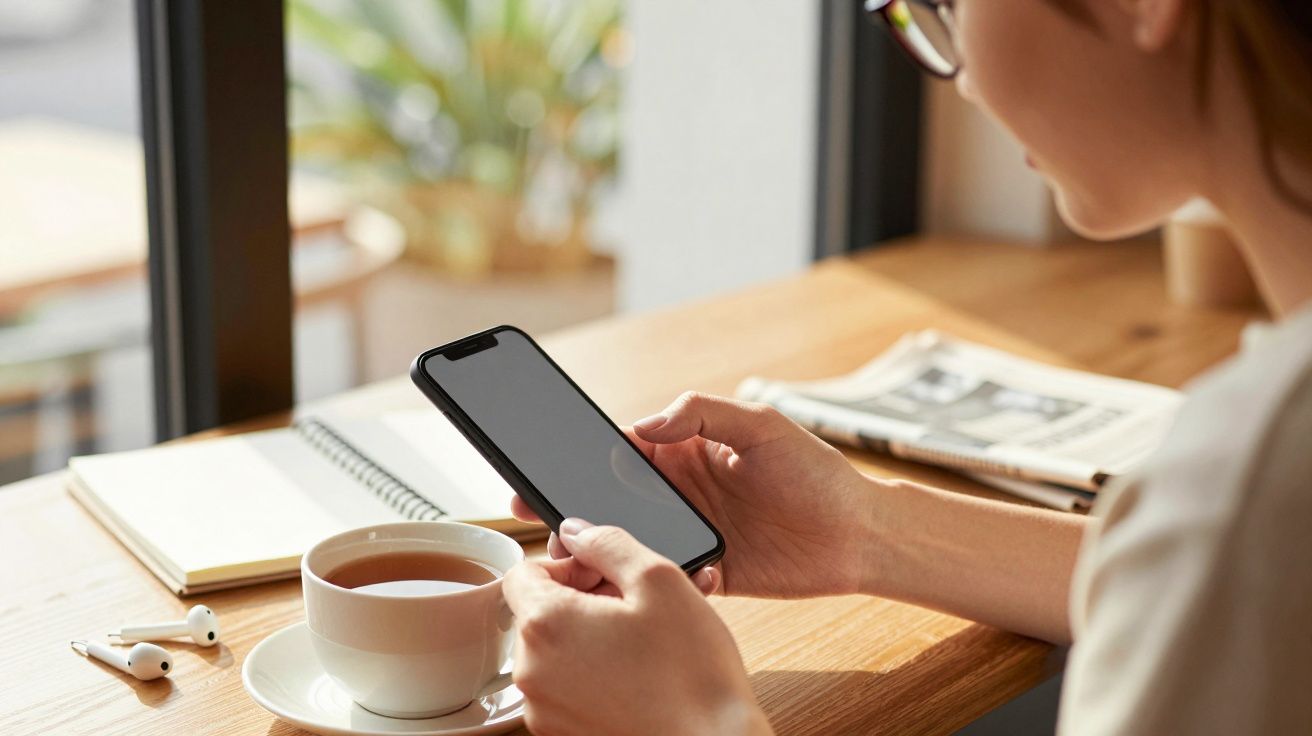 Pessoa segura um smartphone num café, com chávena, jornal e cadernos sobre a mesa.