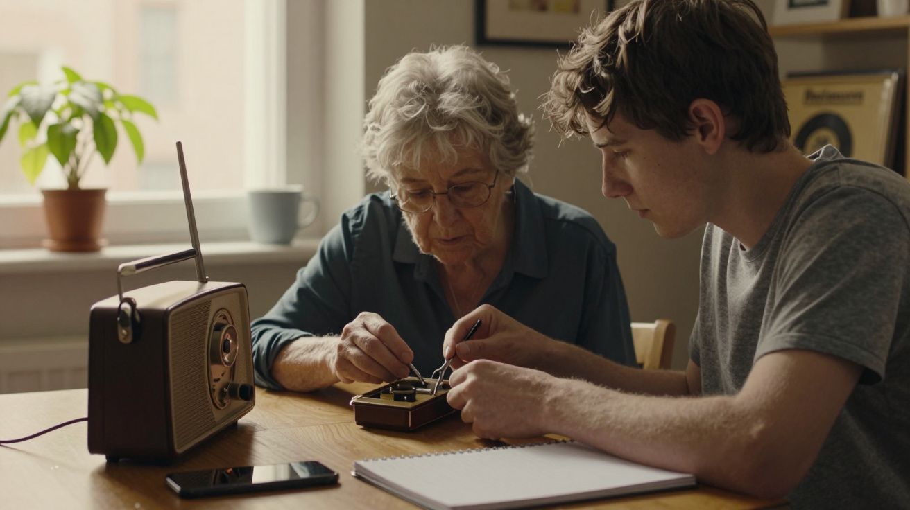 Idosa e jovem consertam rádio antigo numa sala iluminada, com planta e janela ao fundo.