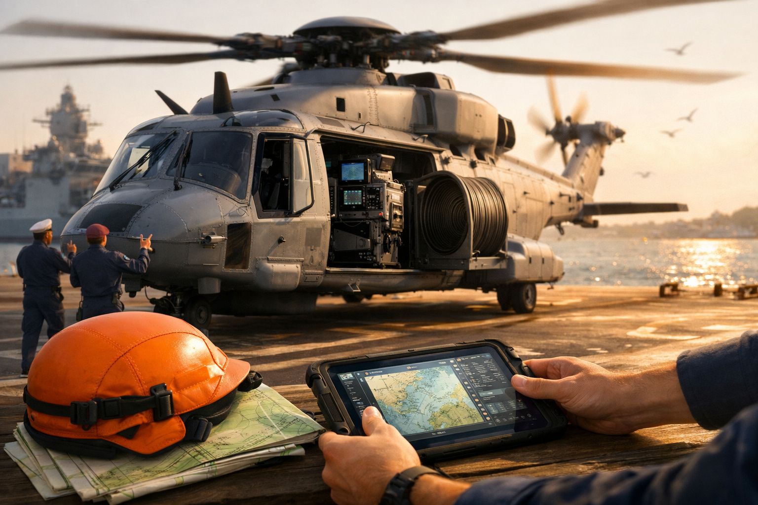 Helicóptero militar cinza estacionado em heliporto, com técnico a ajustar equipamento e navio visível no mar ao fundo.