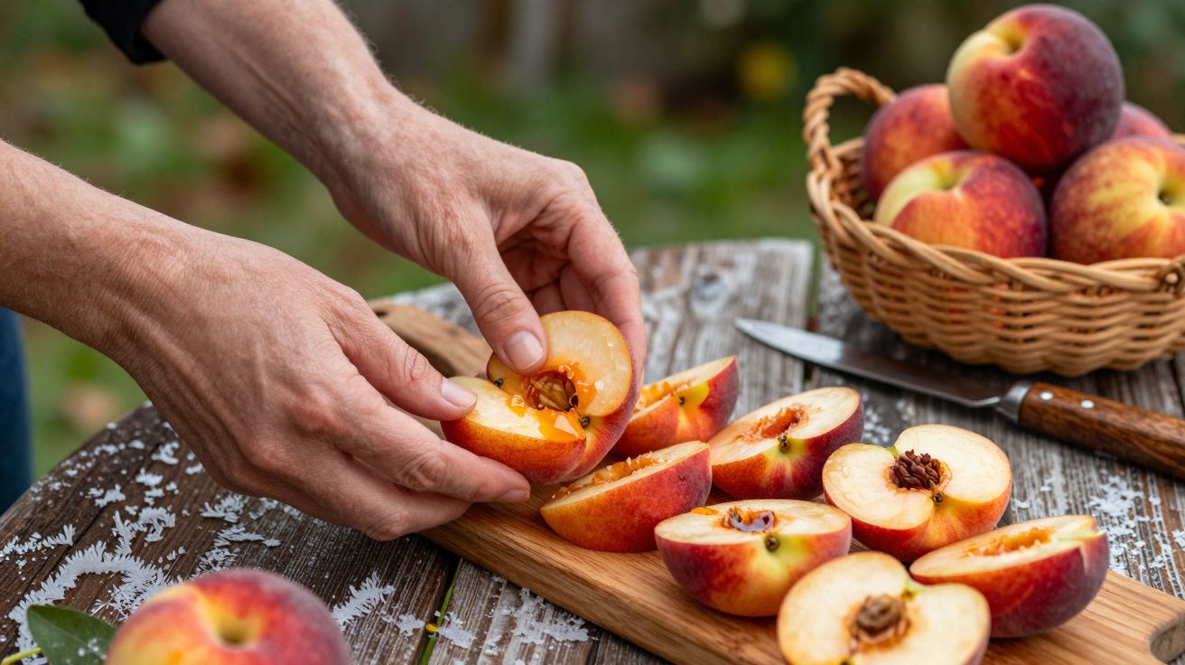 Mãos cortam pêssegos sobre uma tábua de madeira; cesto de pêssegos ao fundo.