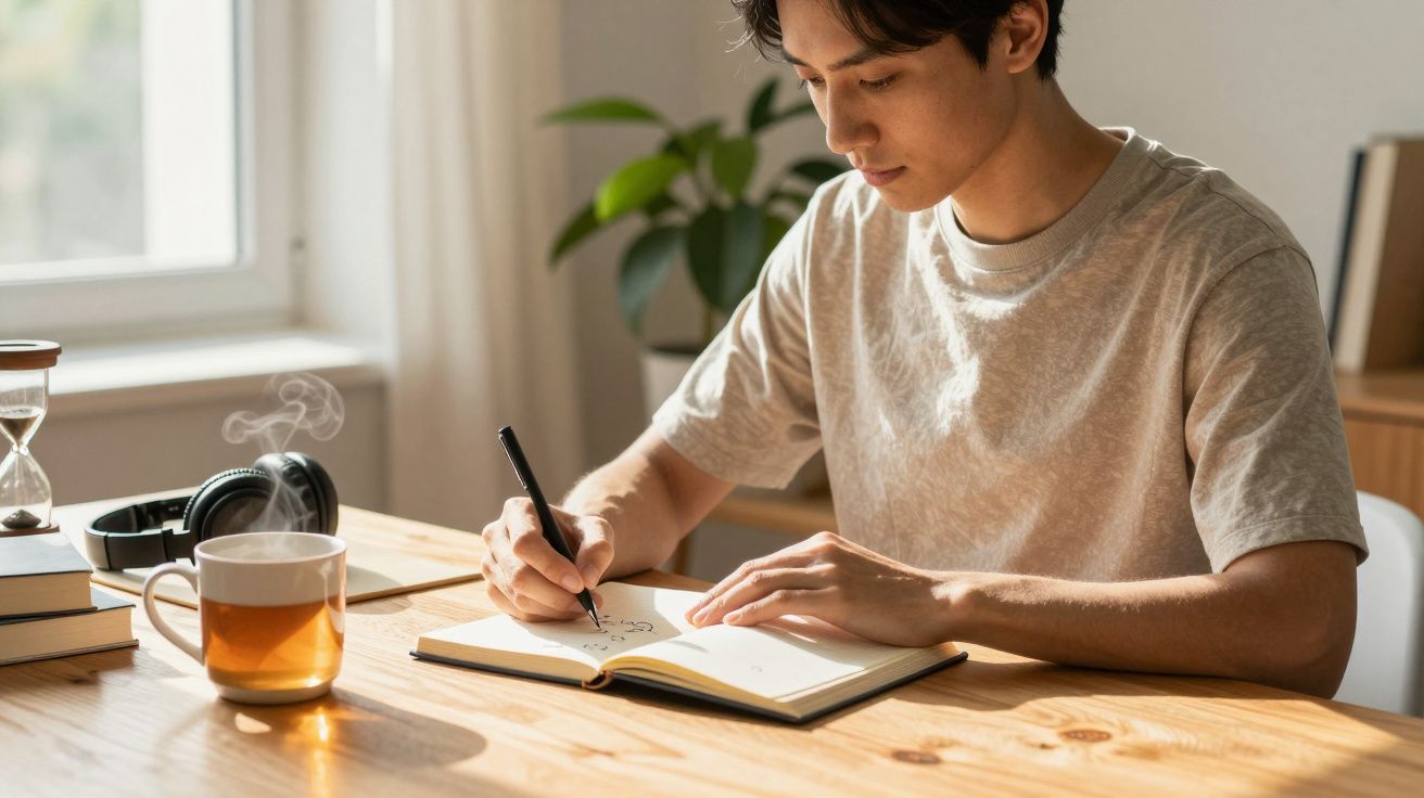 Homem escreve em caderno numa mesa com chá, fones de ouvido e livros.