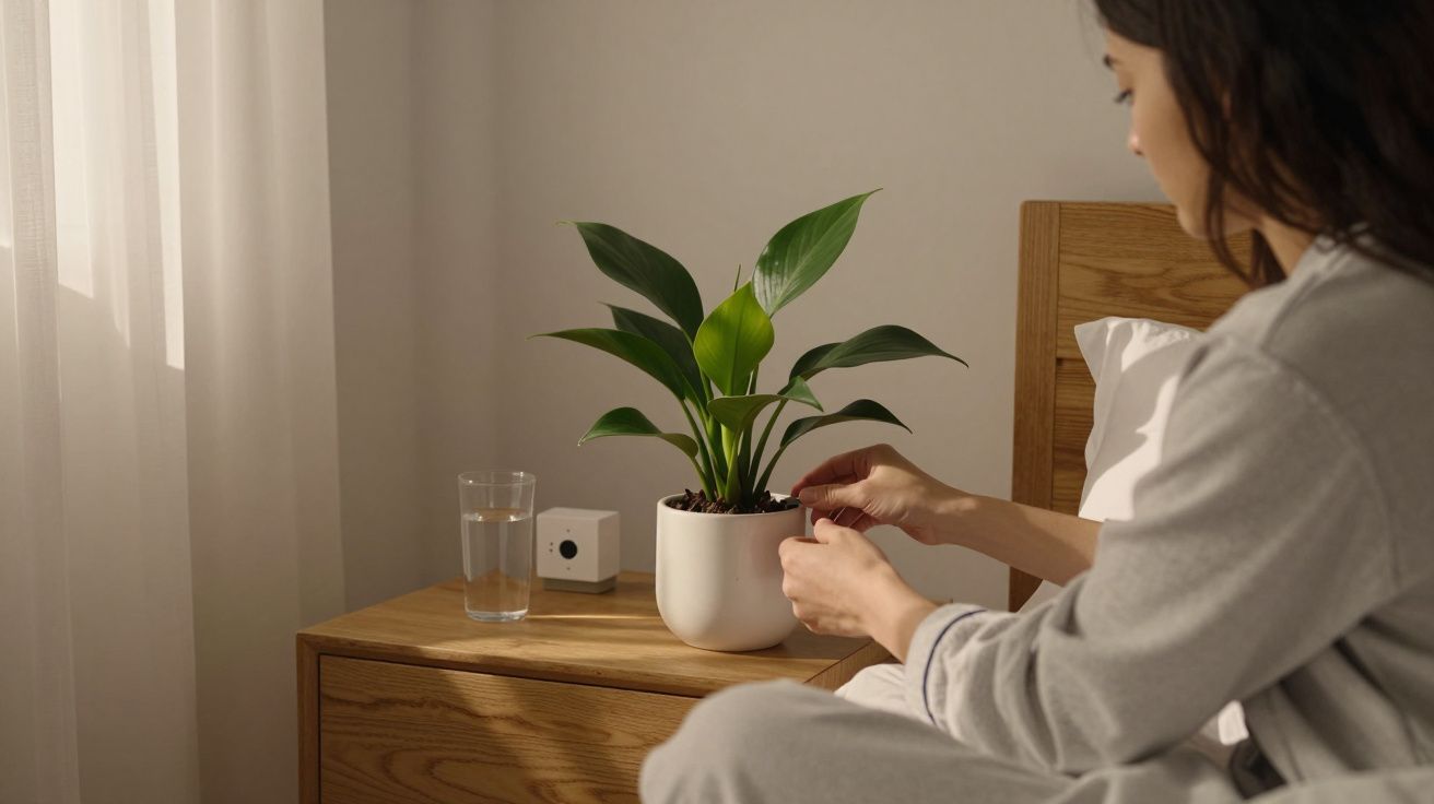 Mulher ajusta planta num vaso branco sobre mesa de cabeceira com copo de água e despertador.