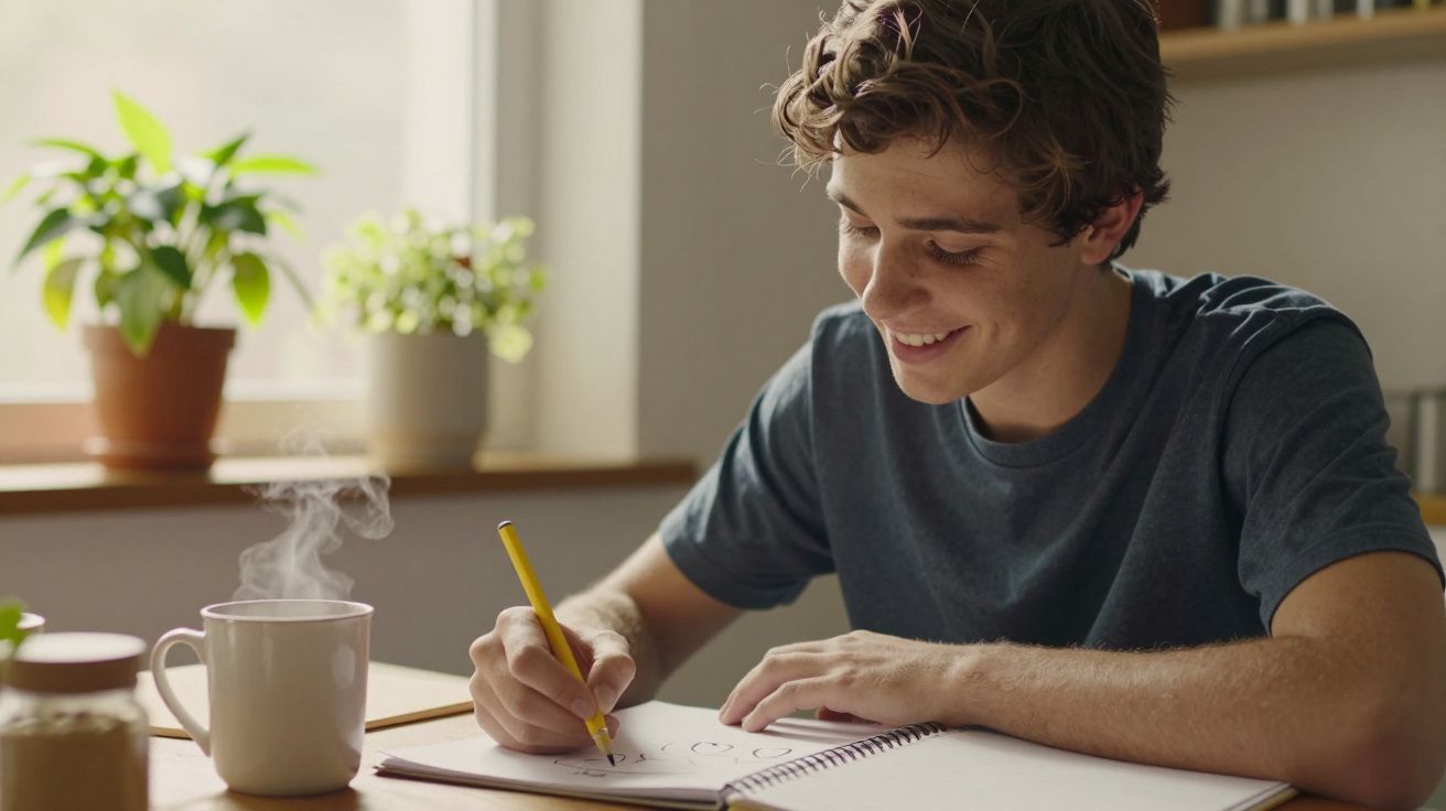 Jovem sorridente escreve num caderno, com chá quente na caneca. Plantas e luz natural ao fundo.