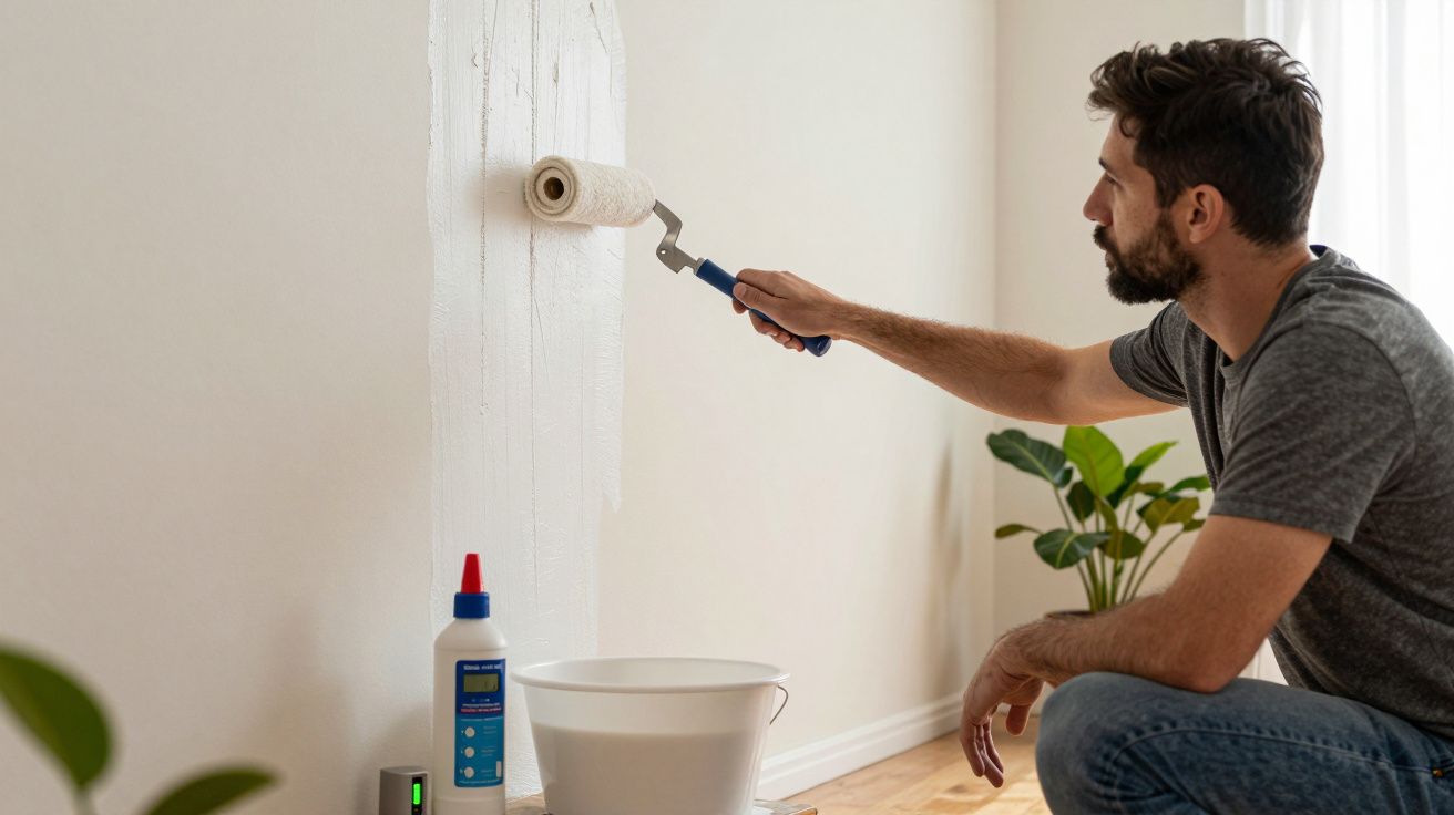 Homem pintando parede branca com rolo, agachado perto de planta, balde e garrafa de tinta branca ao lado.