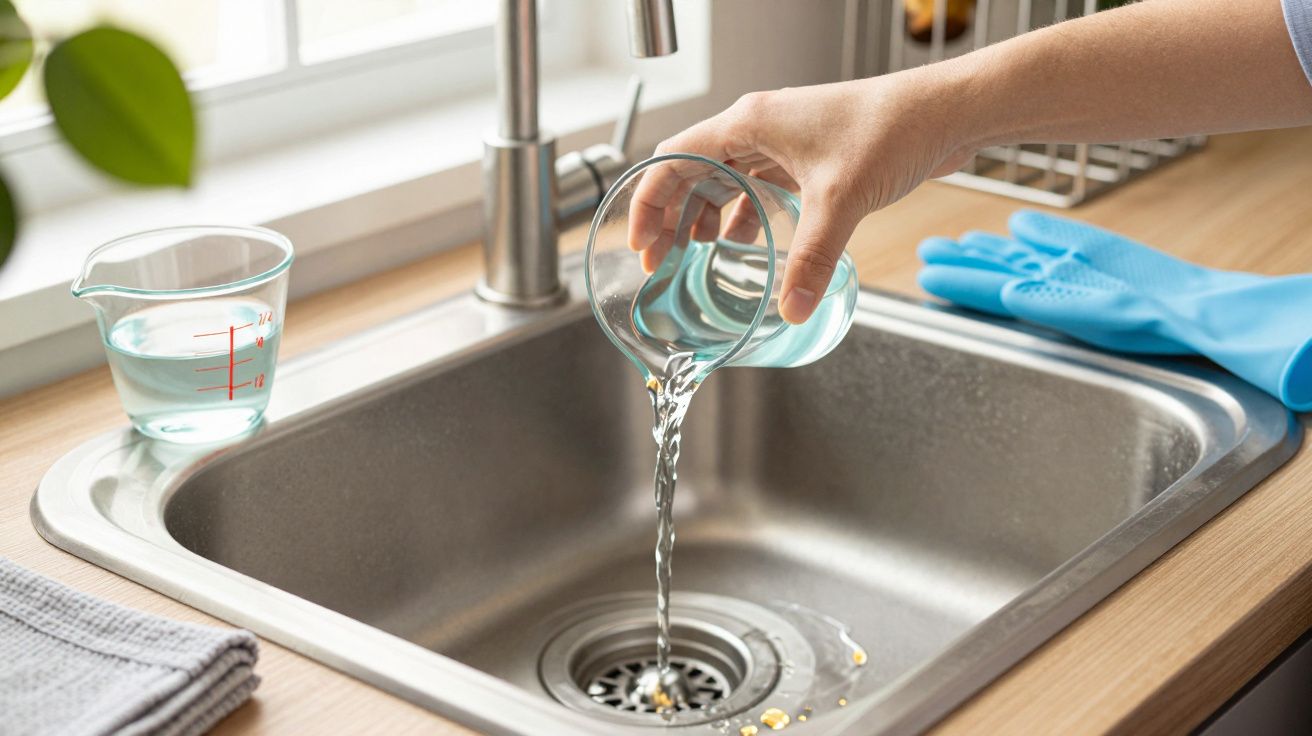 Mão de pessoa a despejar água da jarra no lava-loiça da cozinha ao lado de copo de medição e luvas.
