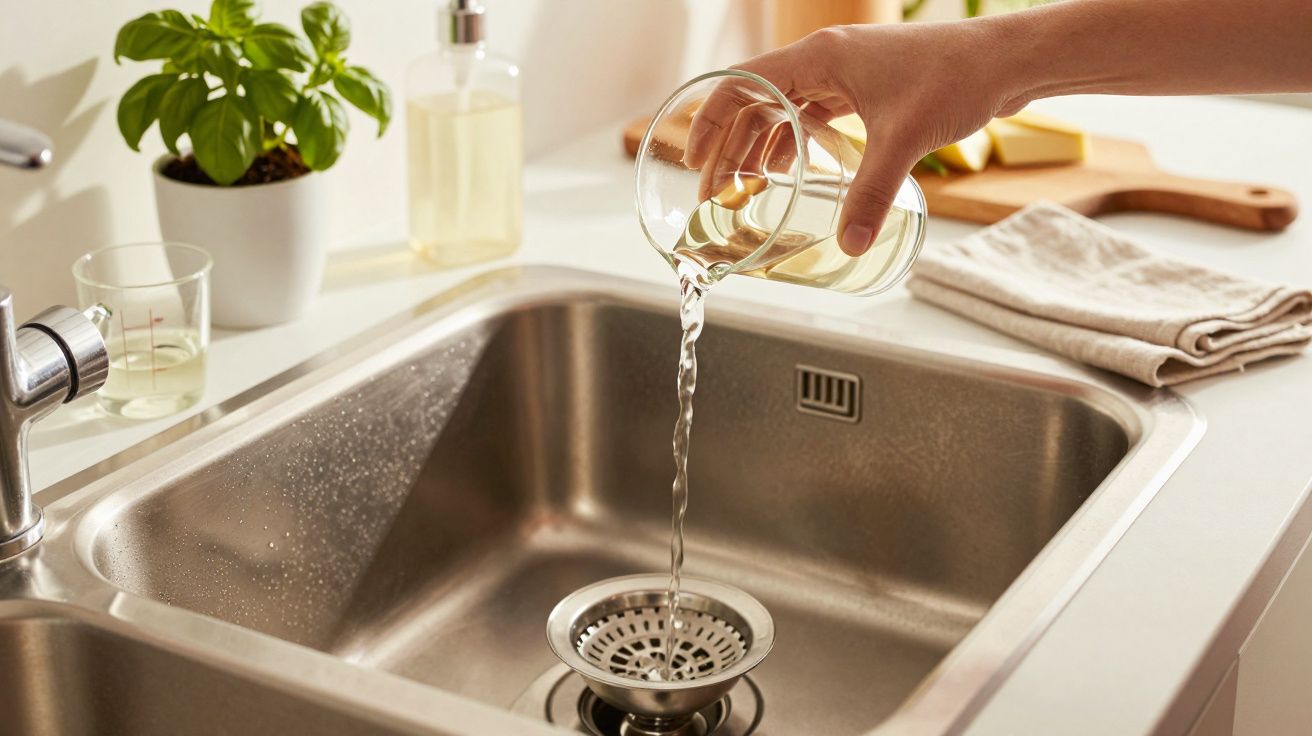 Mão a verter água de um copo para um lava-loiça, com plantas ao fundo.