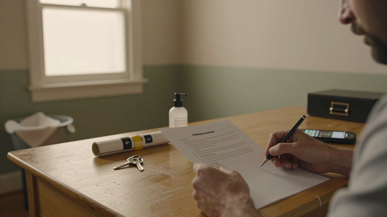 Homem a assinar um documento numa mesa com chaves, telefone, desinfetante e estojo preto ao lado.