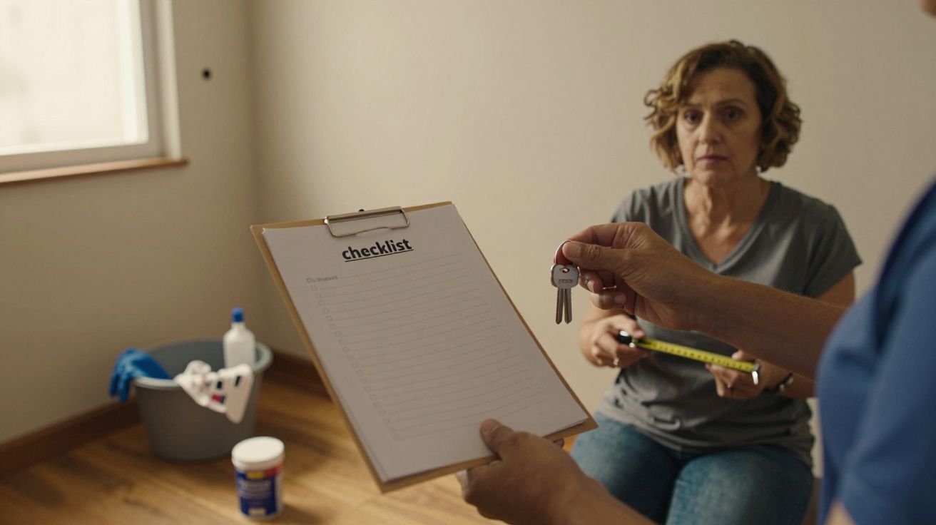 Mulher segura chaves e lista de verificação numa sala vazia; fundo com balde e tinta.