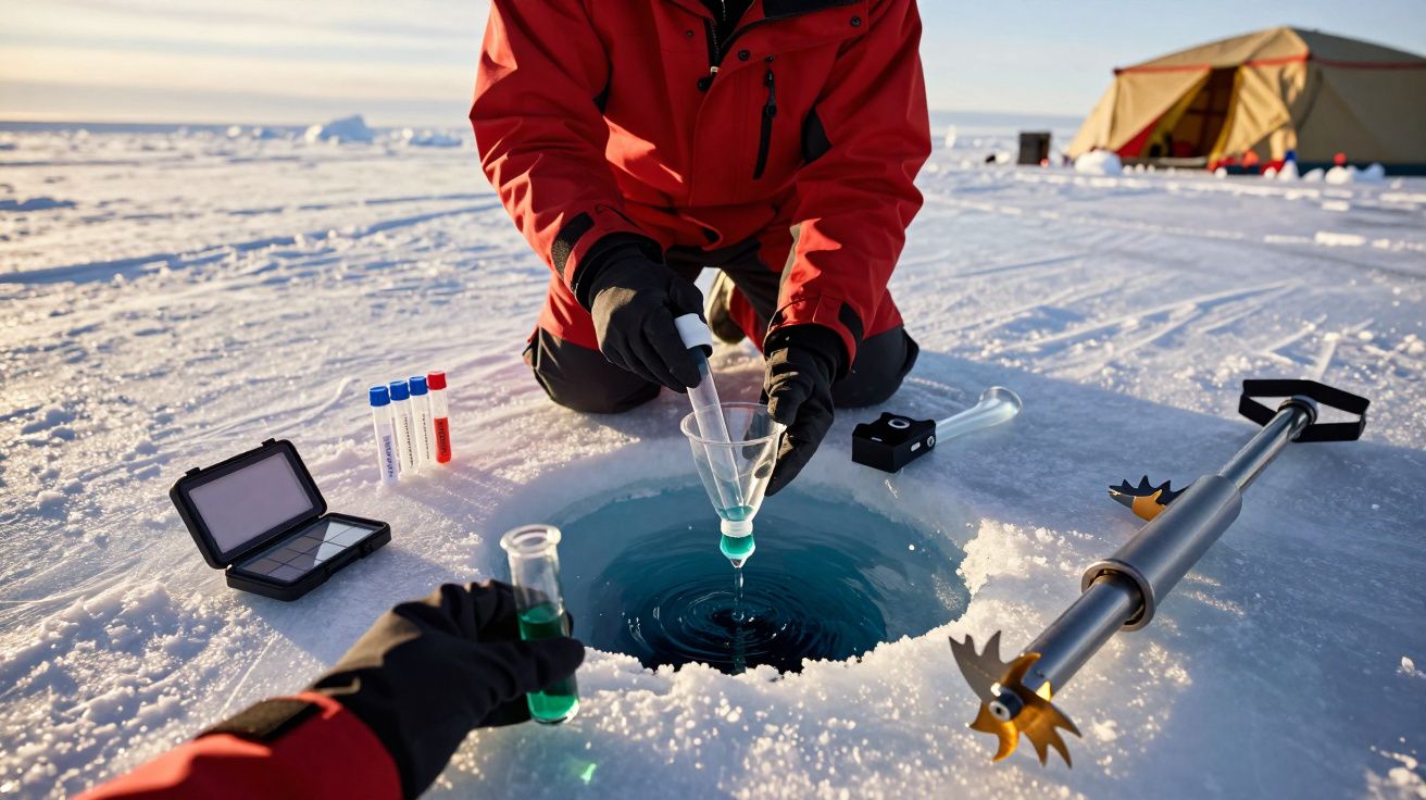 Cientista coleta amostras de água num buraco no gelo, com tubos de ensaio e equipamentos ao redor, tenda ao fundo.