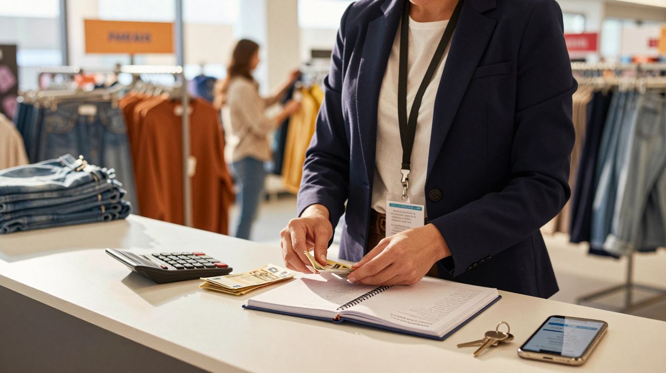 Funcionário de loja conta dinheiro junto a uma calculadora e bloco de notas, com roupa exposta no fundo.
