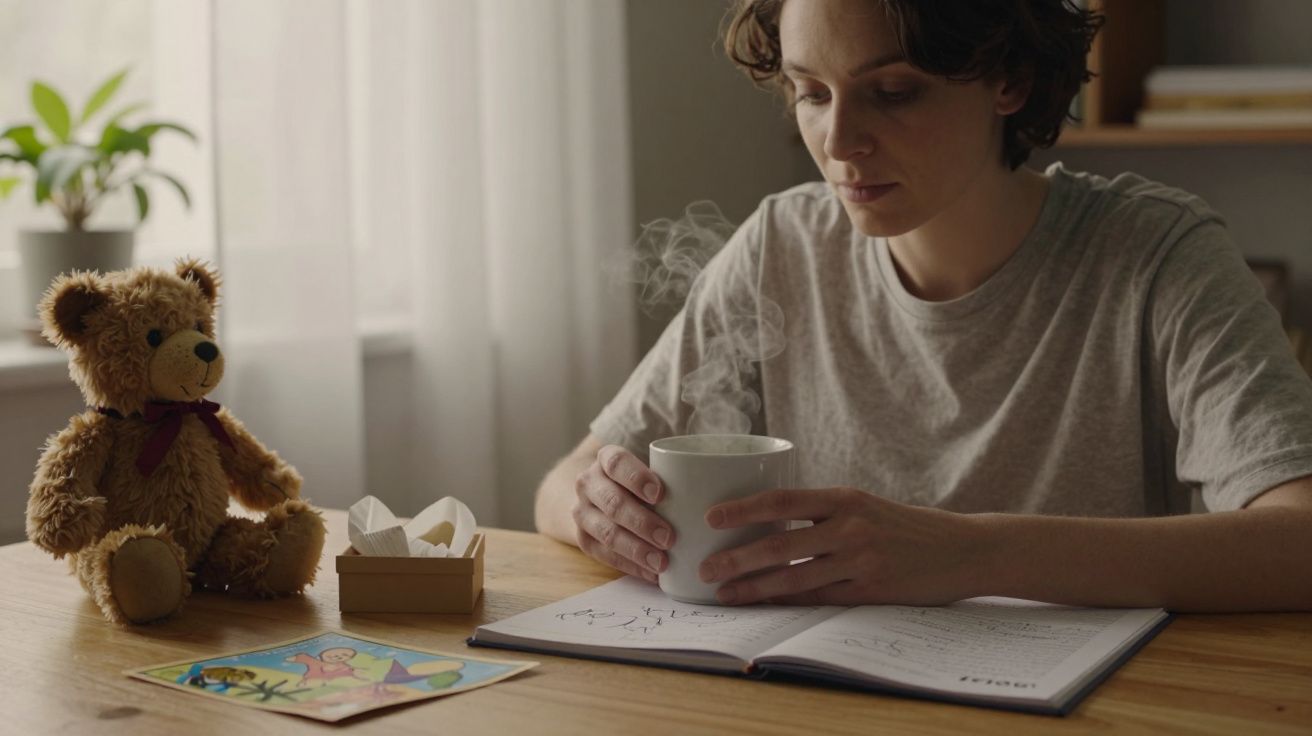 Pessoa segura uma caneca de café numa mesa com urso de peluche, bloco e caixa de lenços ao lado, em ambiente acolhedor.